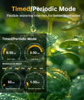 Graphic showing timed mode settings on Smart WiFi Hose Timer For Garden And Lawn Irrigation With 1 Outlet Brass Swivel Inlet App Remote Control Rain Delay Manual Operation Durable Outdoor Water Timer Leakproof Easy Install, overlaid on plants.