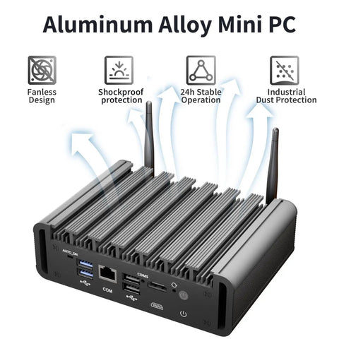 Heavy Duty Firewall Mini PC Router Harnessing Intel J6412 With Six 2.5GbE Ports Eight GB RAM And 128GB SSD, aluminum alloy mini PC with fanless design.