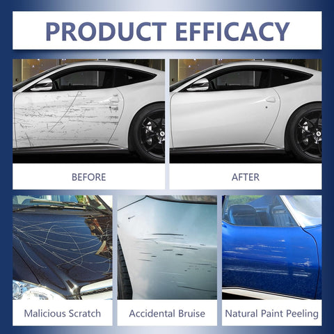Before and after use of Two Pack Car Scratch Repair Pen Set For All Colors showing scratch removal effectiveness on car surfaces.