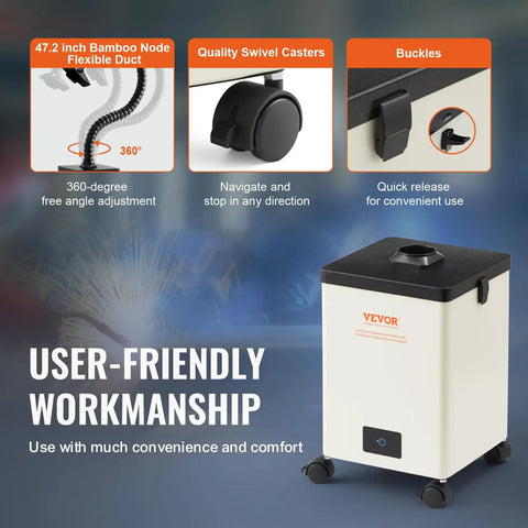 Solder Fume Extractor Pro Grade 150 Watt Power with 332 Cubic Meters per Hour Airflow, showcasing user-friendly features.