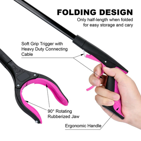 32 Inch Reacher Tool With 360 Degree Rotating Head And 4 Inch Wide Claw Foldable Grabber Pickup Tool Anti Slip Magnetic Jaw For Seniors And Everyday Reaching Litter, Groceries, High Shelves Purple