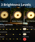 Image of Solar Camping String Lights 33ft 100 LED With 9 Modes USB C showing brightness levels and light modes for camping.