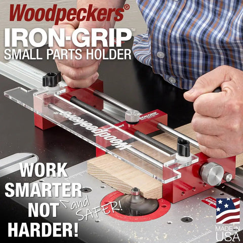 Zero Drama Small Parts Holder For Router Tables with aluminum frame, clamps, and precision stop pins in use.