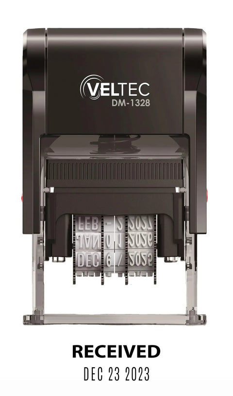 Heavy Duty Self Inking Rubber Date Stamp With Received Phrase And Black Ink Featuring Slick Rotating Bands For Thousands Of No Sweat Daily Office Grind And Solid Paperwork Tasks, showing date received on December 23, 2023.