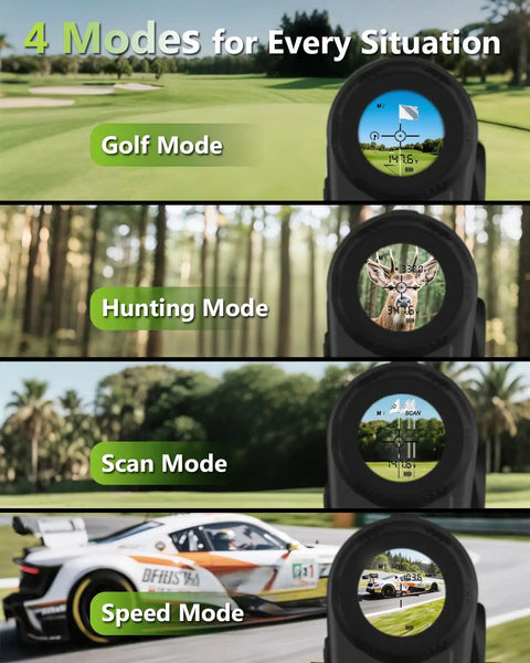 Dope Golf Range Finder With Slope 1200 Yard Range 6X Magnification showing golf, hunting, scan, and speed modes