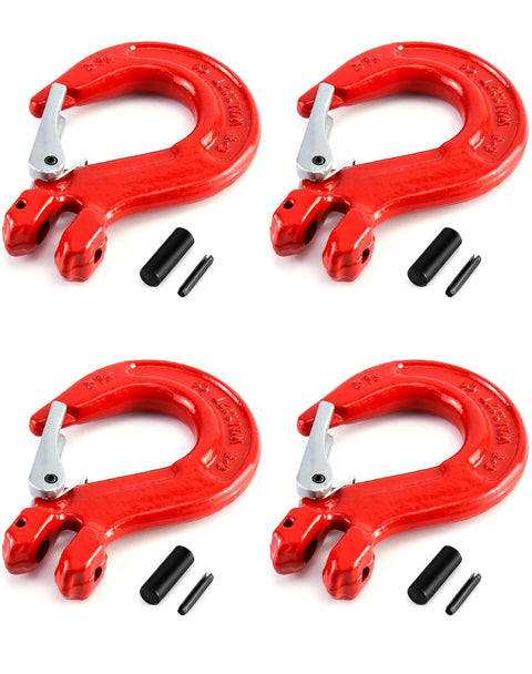 Clevis Slip Hook With Latch, 4 Pack, Five Sixteenths Of An Inch, 2470 Lbs Load Limit, Grade 80 Drop Forged Alloy Steel, red hooks