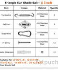 Table detailing items in 6 Inch Triangle Sun Shade Sail Hardware Kit In 304 Stainless Steel For Outdoor Installation