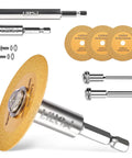Upgraded Diamond Cutting Blade Tool With Dual Round Mandrels And Two Piece Quarter Inch Hex Shank Kit, three diamond discs and adapters.