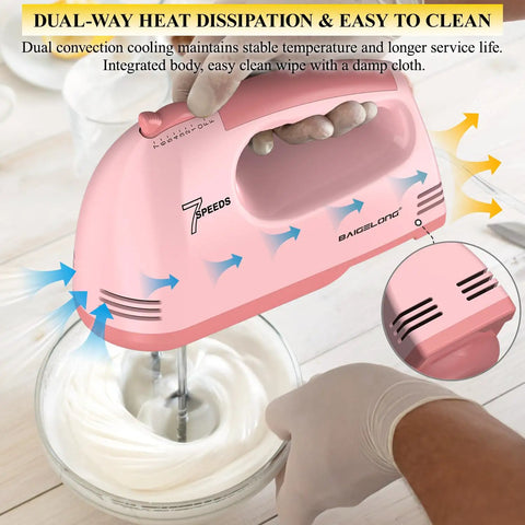 Heavy Duty Pink Hand Mixer With Seven Speed Settings And Five Durable Stainless Steel Attachments Including Flat Beaters Dough Hooks And A Balloon Whisk Plus Secure Storing Case For Nailing Every Bake And Weekend Kitchen Champs mixing cream in a glass bowl.