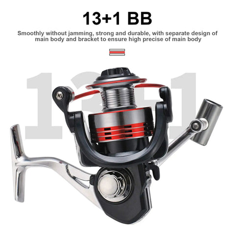 Beast Metal Spinning Reel With 13 Plus 1 Ball Bearings And 5.0 To 1 Gear Ratio, featuring foldable rocker arm and aluminum alloy body.