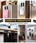 Collage showing various uses of magnetic clips for holding items like masks and keys, showcasing versatility in different settings.