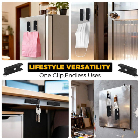 Collage showing various uses of magnetic clips for holding items like masks and keys, showcasing versatility in different settings.