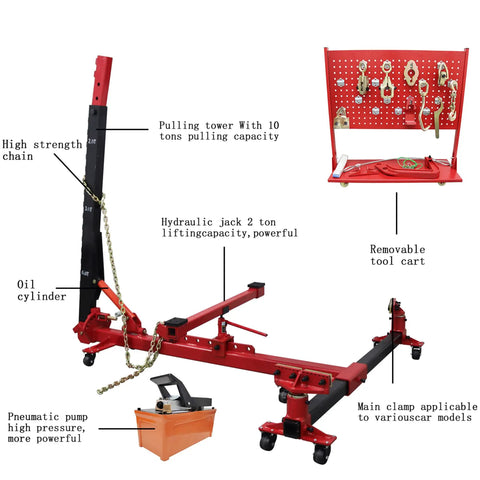 Heavy Duty 10 Ton Auto Body Frame Straightener and Frame Puller for Car Repair with components labeled