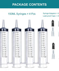 Four Pack 150ml Large Syringes Without Needles For Thick Liquids Heavy Duty Paint Fluid Water Irrigation And Horse Food Feeding Giant Plastic Syringe Set For Home Farm Vet Use, package contents