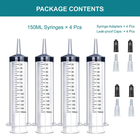 Four Pack 150ml Large Syringes Without Needles For Thick Liquids Heavy Duty Paint Fluid Water Irrigation And Horse Food Feeding Giant Plastic Syringe Set For Home Farm Vet Use, package contents