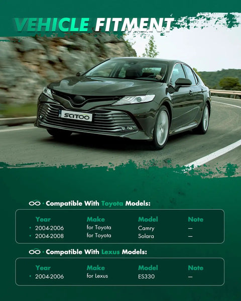 Car driving on road with text showing compatibility for 2004-2006 Toyota Camry, 2004-2008 Solara, 2004-2006 Lexus ES330 models