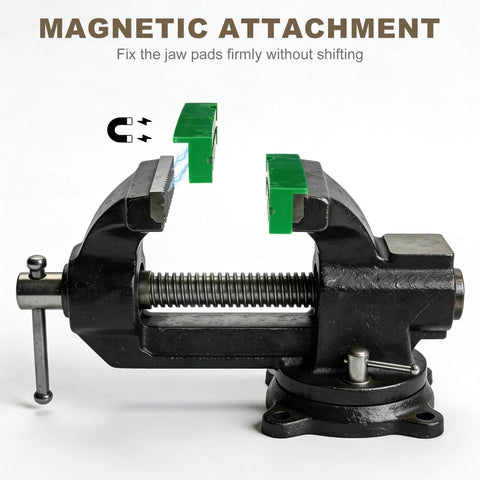 Black vise with green Dual Size 5 Inch And 6 Inch Rubber Magnetic Vise Jaw Pads With V-Shaped Soft Jaws And Anti-Scratch Vise Covers for DIY projects.