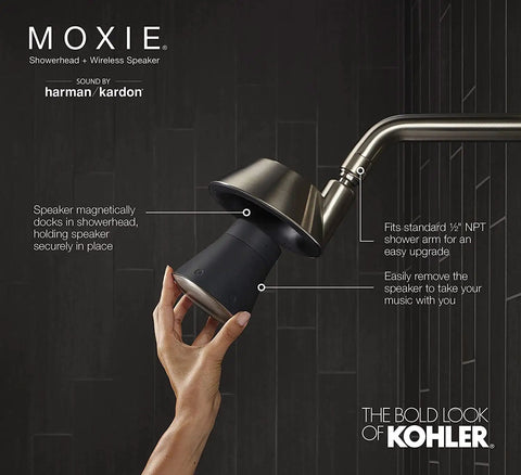 Installing Moxie Showerhead With Waterproof Bluetooth Speaker 2.5 GPM Water Saving Shower Audio System With Harman Kardon Sound