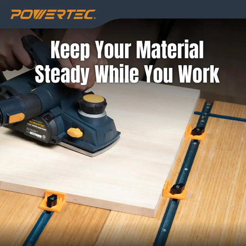 Slick T Track Stop Block Kit With Inline And Short Stops For Woodworking Table Saw Routing And Cnc Machines Universal Design with clamps holding material.