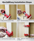 Heavy Duty Cabinet Clamp Set For Face Frame Cabinets With Alignment Plate And Dual Side Screws 2 Pack Delivers Pro Grade Precision And Quick Install Up To 440 Lbs Red shown in use on a wooden cabinet with step-by-step instructions
