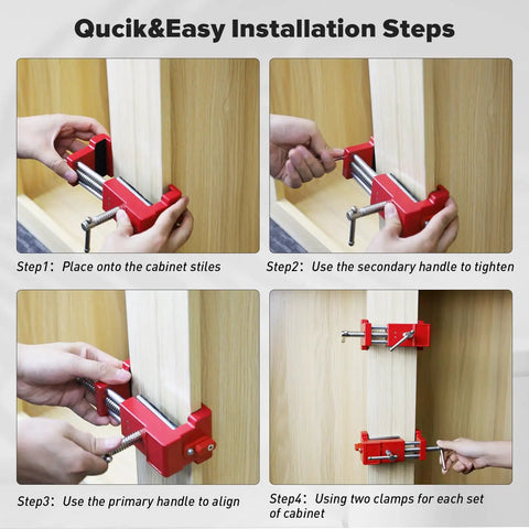 Heavy Duty Cabinet Clamps For Face Frame Cabinetry 4 Pack Red With Two Side Screws And Alignment Plate used on cabinet stiles