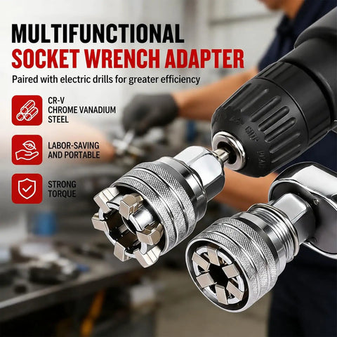 Close-up of chrome vanadium steel all purpose universal socket wrench tool set with auto adjusting sockets for efficiency