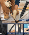 Indexing Pry Bar Set Built Tough For Mechanics with 7 inch flat pry bar shown in use for prying floor, includes grip handle details.