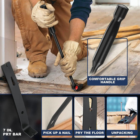 Indexing Pry Bar Set Built Tough For Mechanics with 7 inch flat pry bar shown in use for prying floor, includes grip handle details.