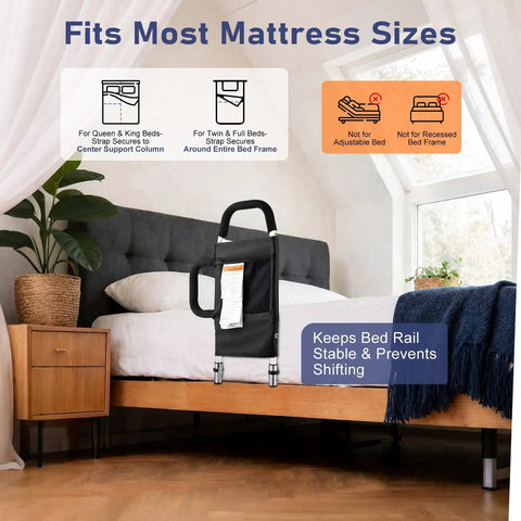 Granny Friendly Bed Rail With 2 Grab Bars And Storage Pocket next to bed, fits king queen full twin, ASTM certified safety for elderly