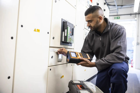 A technician using a Heavy Duty Industrial Label Printer Hooks Up Smooth Via Bluetooth Features Dual Auto Cutters for tape on a panel.