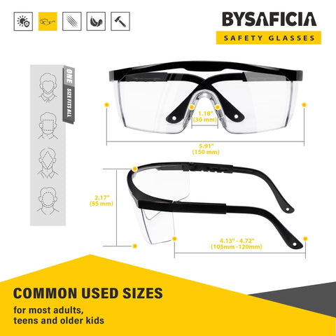 Built Like A Tank 12 Pack Safety Glasses With Anti Fog Coating And UV Protection Scratch Resistant Polycarbonate Lenses All Day Adjustable Fit For Rough Crews Outdoors dimensions displayed