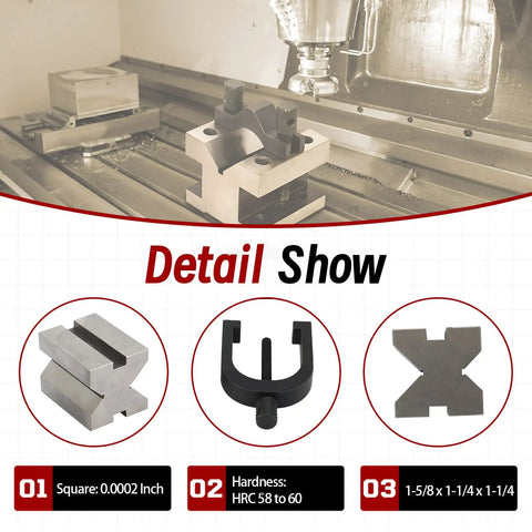 Heavy Duty Hardened Steel V Block With Clamp Set For Machinists Built Tough Pro Grade For Precise 0.0002 Inch 90 Degree Angles And Square Workpieces 1 5/8 By 1 1/4 By 1 1/4 Multi Use Gauge In Wooden Case, shown on milling machine
