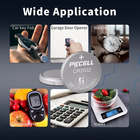 Top Shelf CR2032 Lithium 3V Coin Cell Batteries 20 Pack displayed in various electronics applications including car key fob and calculator.
