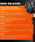 OBDII relearn instructions with TPMS tool and sensor for GM C6 platform, tire pressure monitoring system setup steps.
