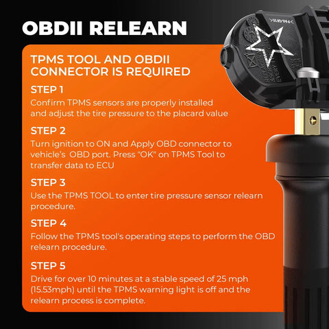 OBDII relearn instructions with TPMS tool and sensor for GM C6 platform, tire pressure monitoring system setup steps.
