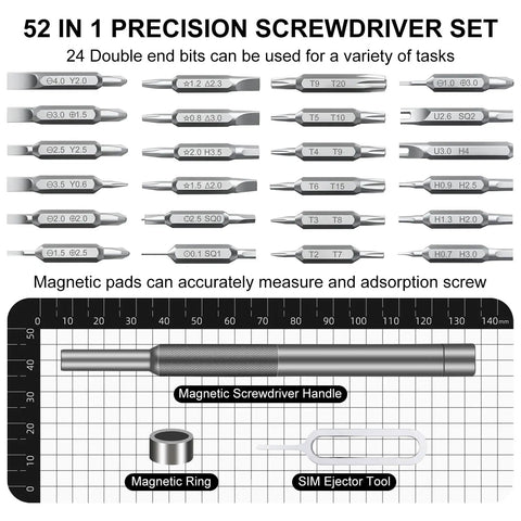 52-In-1 Precision Screwdriver Set With Magnetic Mini Repair Tool Kit layout, showcasing bits, magnetic handle, and ejector tool