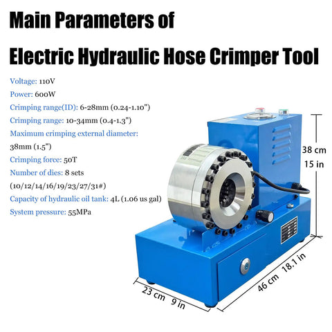 Portable Electric Hydraulic Hose Crimper Machine With 8 Heavy Duty Die Sets 110V Corded Power and Slick Micrometer Dial, 38cm tall.