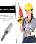 Woman holding a drill and Garden Auger Drill Bit Adapter for Power Drill and Impact Driver Conversion Tool Extends Reach for Earth Auger Connection.