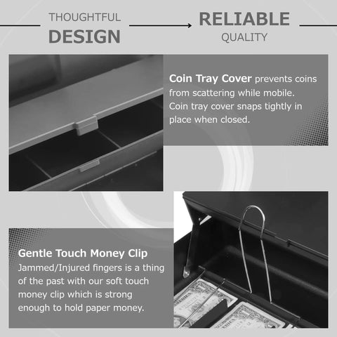Lockable Cash Box With Coin Tray Durable Metal Money Box showing coin tray cover and money clip inside