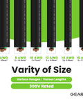 Image showing different sizes of SOOW cables with various gauges and lengths, highlighting 6 AWG to 16 AWG options for 50 Ft SOOW Portable Power Cable 16/3 Gauge 16 AWG 3 Conductor 600V Heavy Duty Rubber Cord For Generators Motors Welders EV Chargers And Outdoor Industrial Jobs