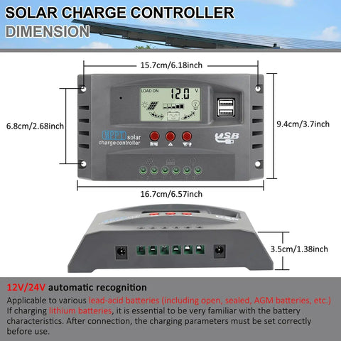 Beefed Up 30A MPPT Solar Charger Controller For 12V 24V Systems With LCD Display, dual USB ports, and battery type support