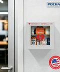 Top Shelf Steel AED Wall Mount Cabinet With Clear Front Panel For Immediate Automated External Defibrillator Access on a wall.