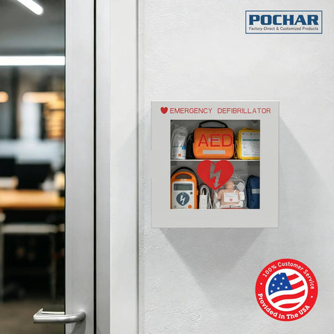 Top Shelf Steel AED Wall Mount Cabinet With Clear Front Panel For Immediate Automated External Defibrillator Access on a wall.