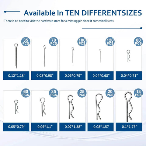 558 Piece Cotter Pin Set With 10 Sizes In 304 Stainless Steel R Clips And Hairpin Pins, size chart showcasing different pins.