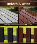 Before and after comparison of wood surfaces treated with Straight Up Tough Outdoor Wood Stain And Sealer Duo for Deck Fence And Patio.