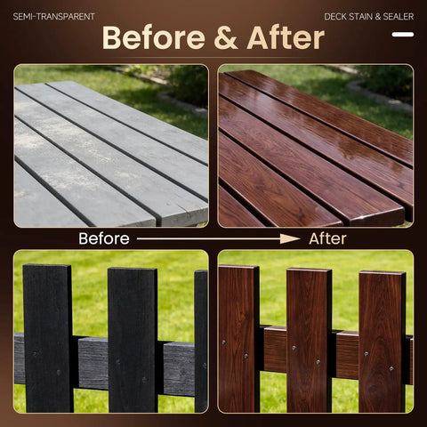 Before and after comparison of wood surfaces treated with Straight Up Tough Outdoor Wood Stain And Sealer Duo for Deck Fence And Patio.