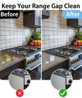 Before and after using Stove Gap Cover 2 Pack Black Adjustable Stainless Steel Gap Filler, kitchen counter spill proof look