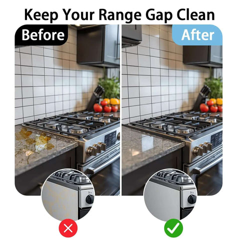 Before and after using Stove Gap Cover 2 Pack Black Adjustable Stainless Steel Gap Filler, kitchen counter spill proof look