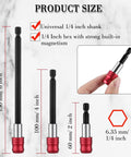 Six Piece Magnetic Drill Bit Extension And Screwdriver Bit Holder Set For Impact Drivers And Drills, 1/4 Inch Hex Shank sizes shown