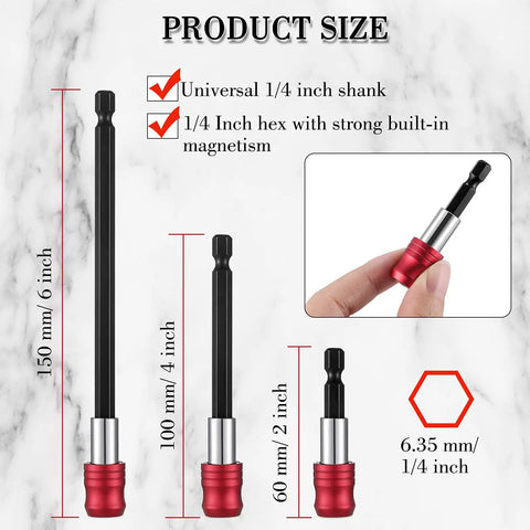 Six Piece Magnetic Drill Bit Extension And Screwdriver Bit Holder Set For Impact Drivers And Drills, 1/4 Inch Hex Shank sizes shown